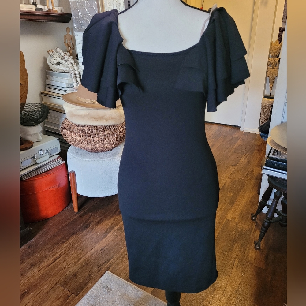 Vizio Black Midi Dress with Ruffle Sleeves